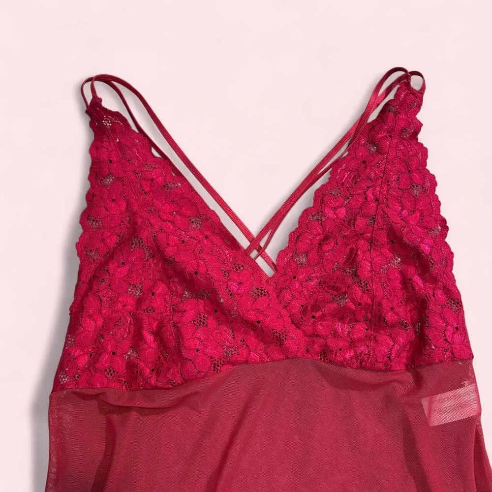 Red Lace Babydoll Slip Lingerie Short Dress with Floral and Sheer Top Size Large